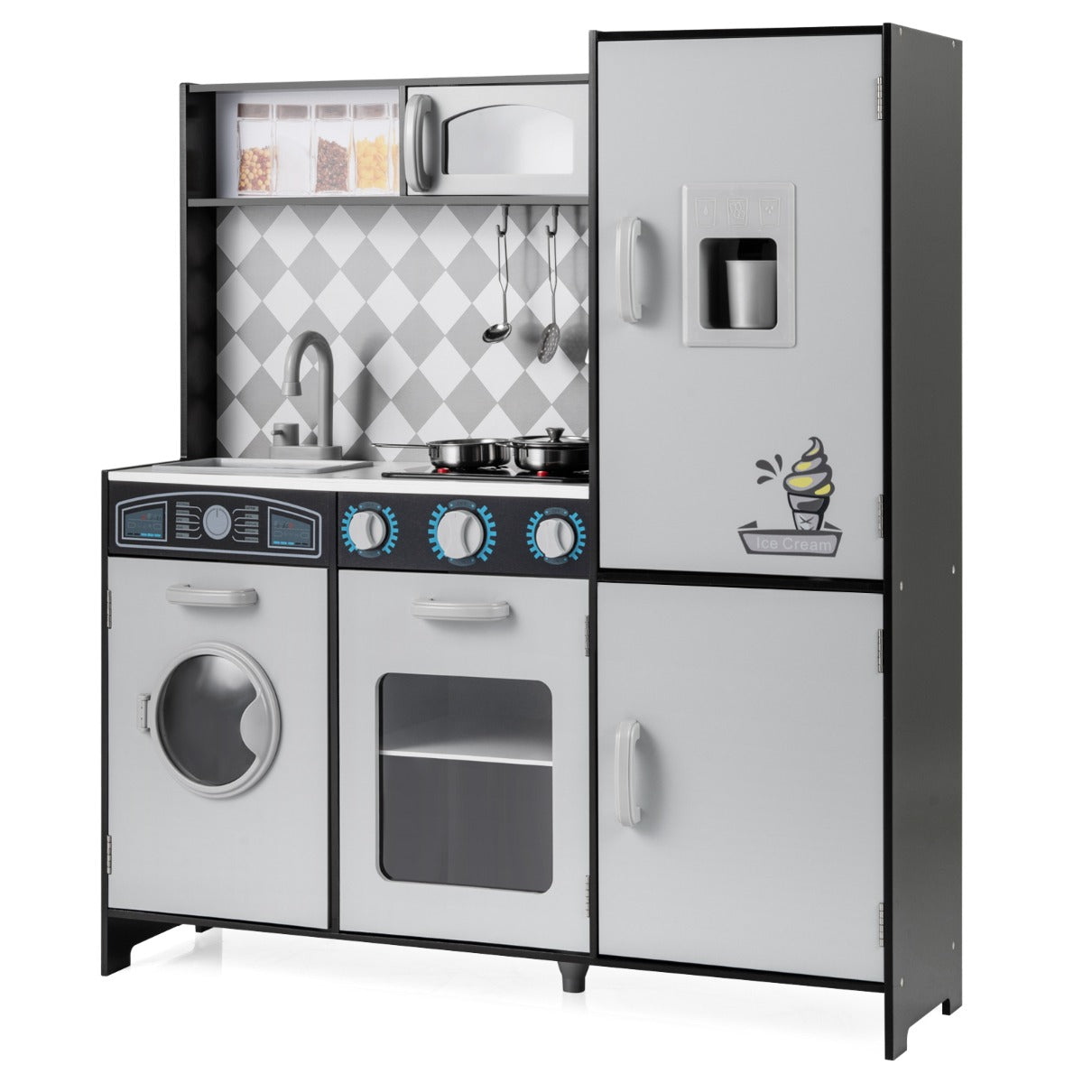 Livsk costway houten speelkeuken keukenspeelset met ijsmachine fornuis wasmachine oven magnetron keukengerei grijs