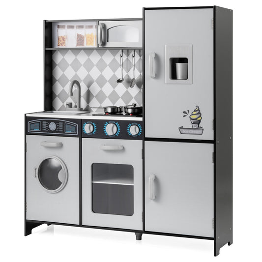 Livsk costway houten speelkeuken keukenspeelset met ijsmachine fornuis wasmachine oven magnetron keukengerei grijs