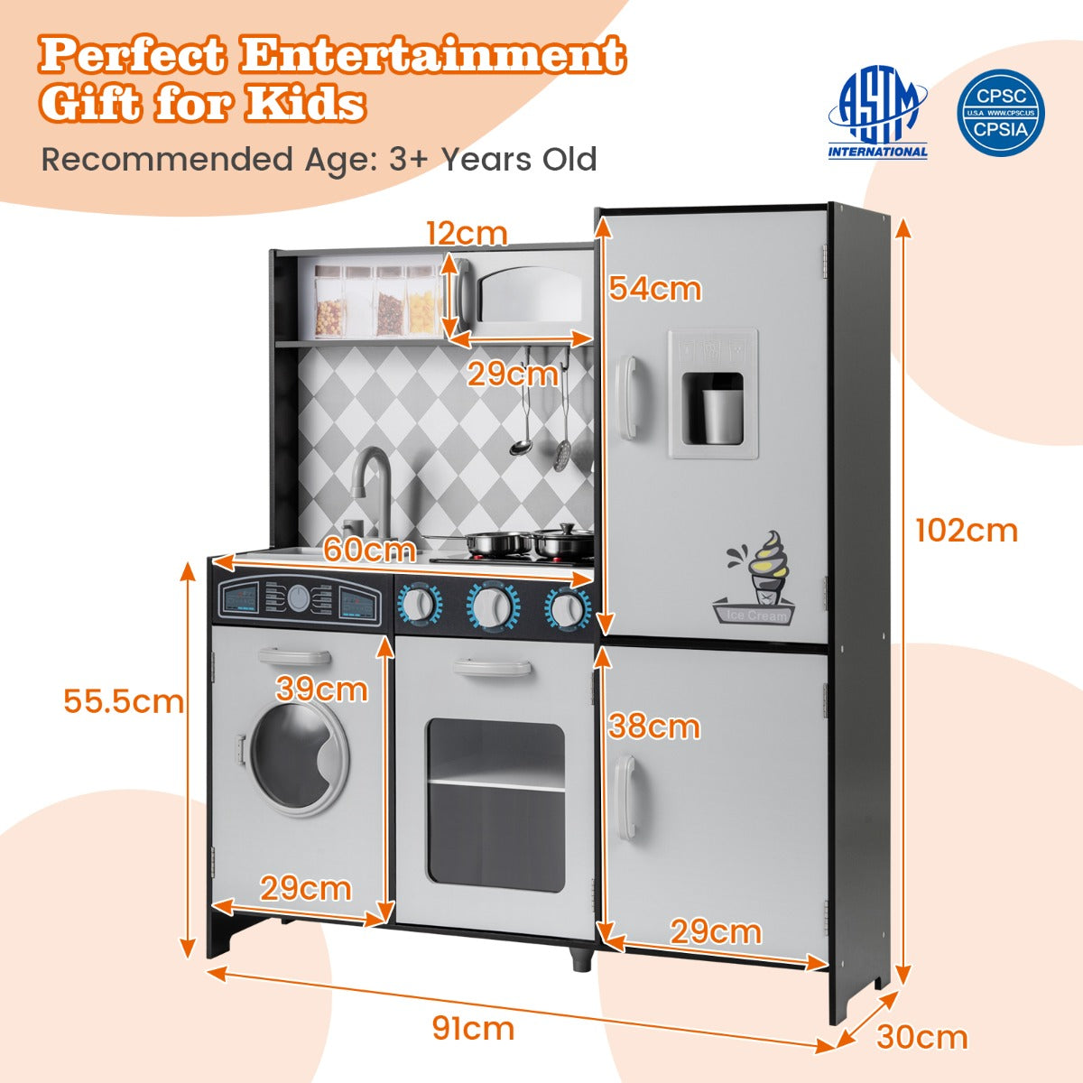 Livsk costway houten speelkeuken keukenspeelset met ijsmachine fornuis wasmachine oven magnetron keukengerei grijs 2