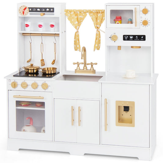 LIVSK Speelkeuken Set - Koffiemachine, Magnetron, Oven - Interactieve Geluidseffecten - Inclusief Keukengerei - Wit + Zwart + Goud