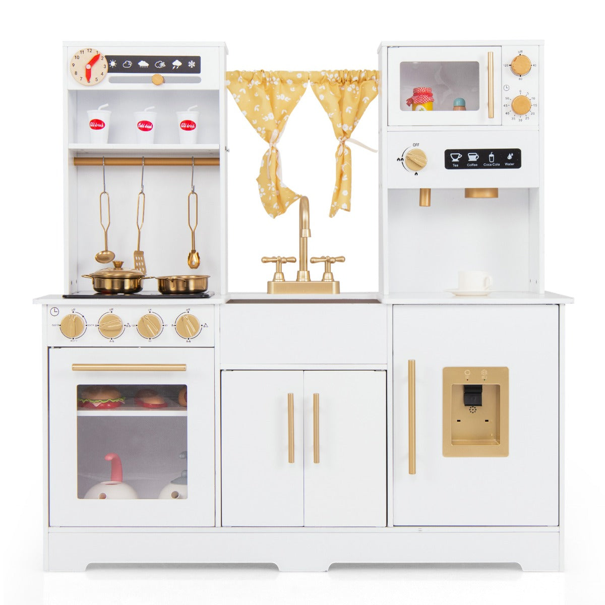 LIVSK Speelkeuken Set - Koffiemachine, Magnetron, Oven - Interactieve Geluidseffecten - Inclusief Keukengerei - Wit + Zwart + Goud