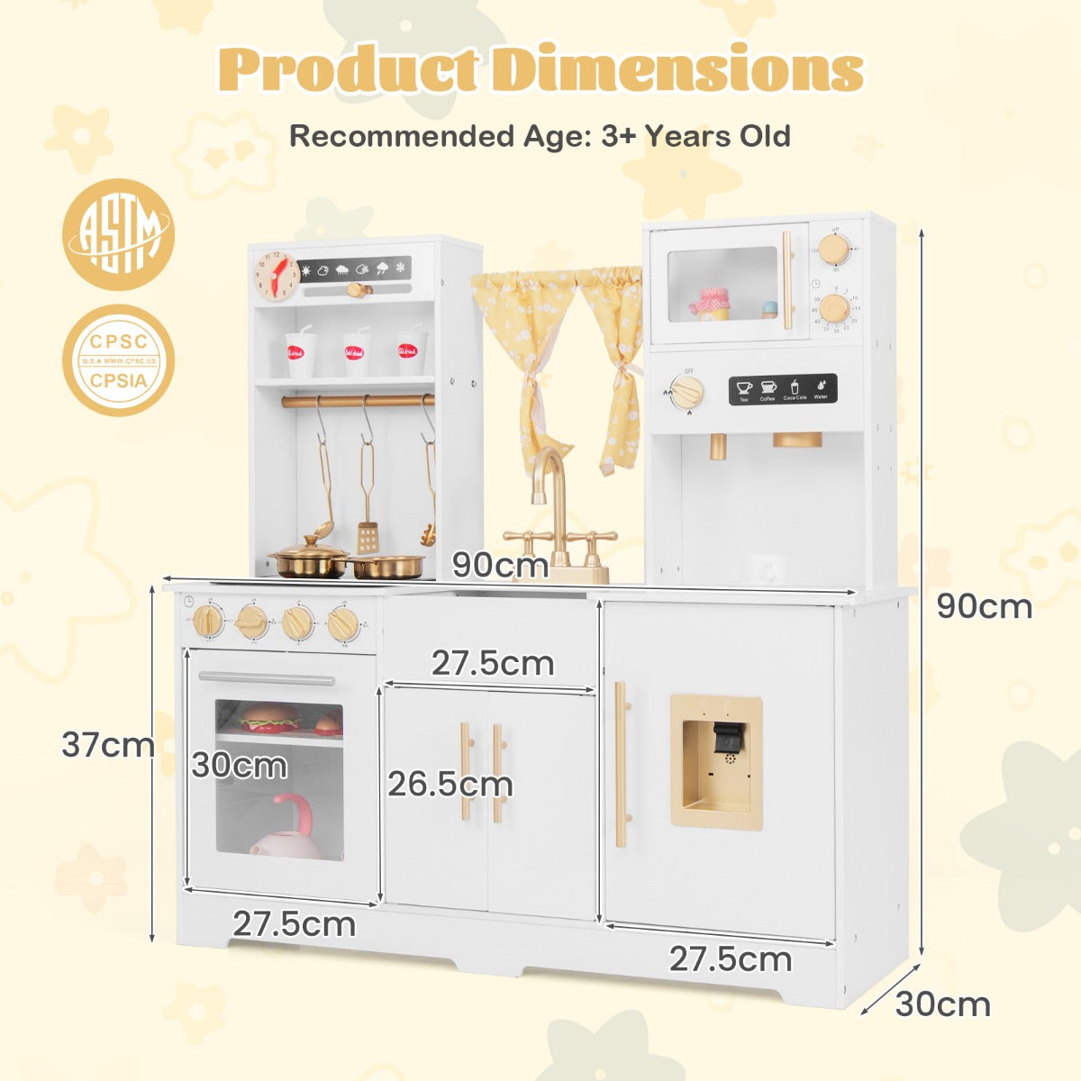 LIVSK Speelkeuken Set - Koffiemachine, Magnetron, Oven - Interactieve Geluidseffecten - Inclusief Keukengerei - Wit + Zwart + Goud