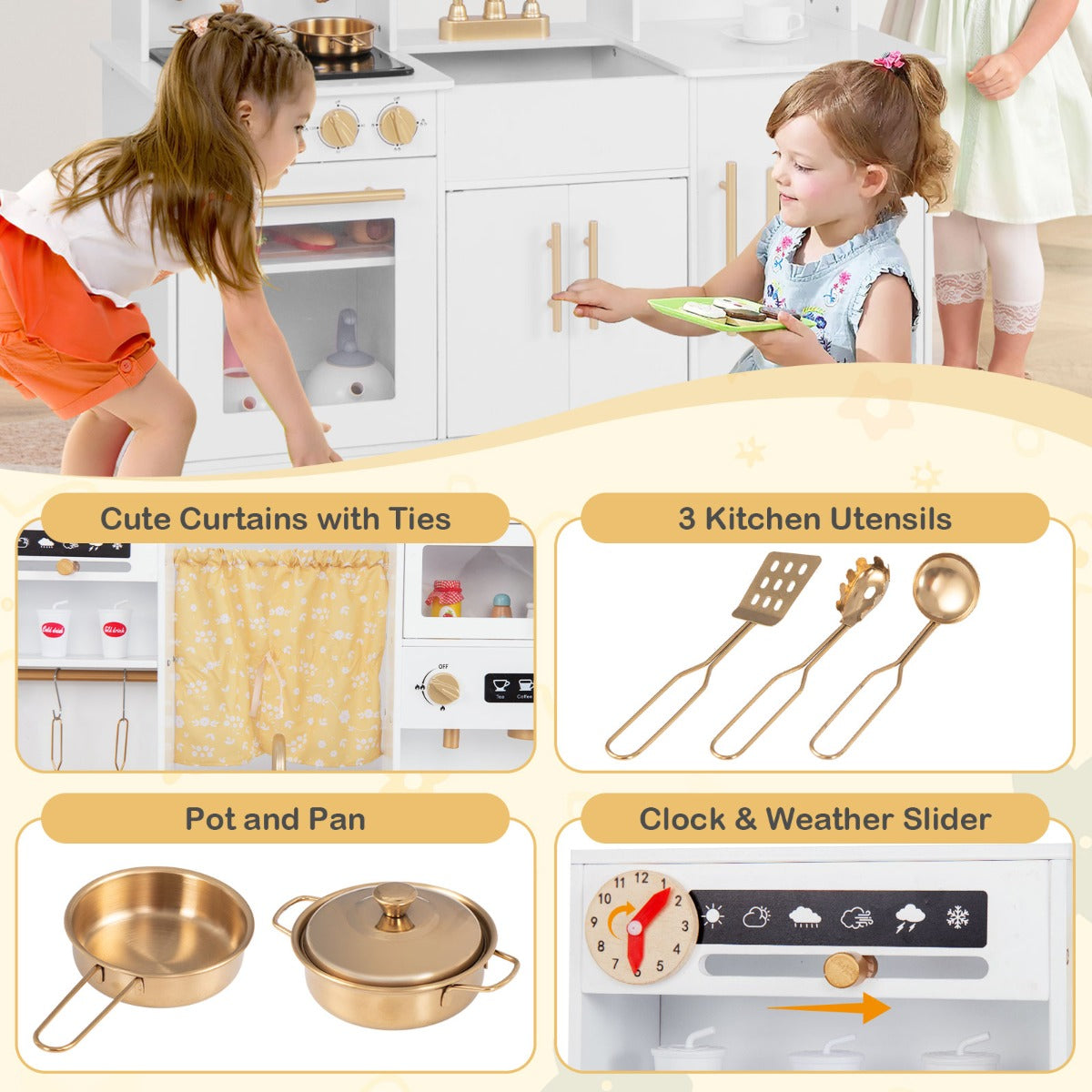 LIVSK Speelkeuken Set - Koffiemachine, Magnetron, Oven - Interactieve Geluidseffecten - Inclusief Keukengerei - Wit + Zwart + Goud