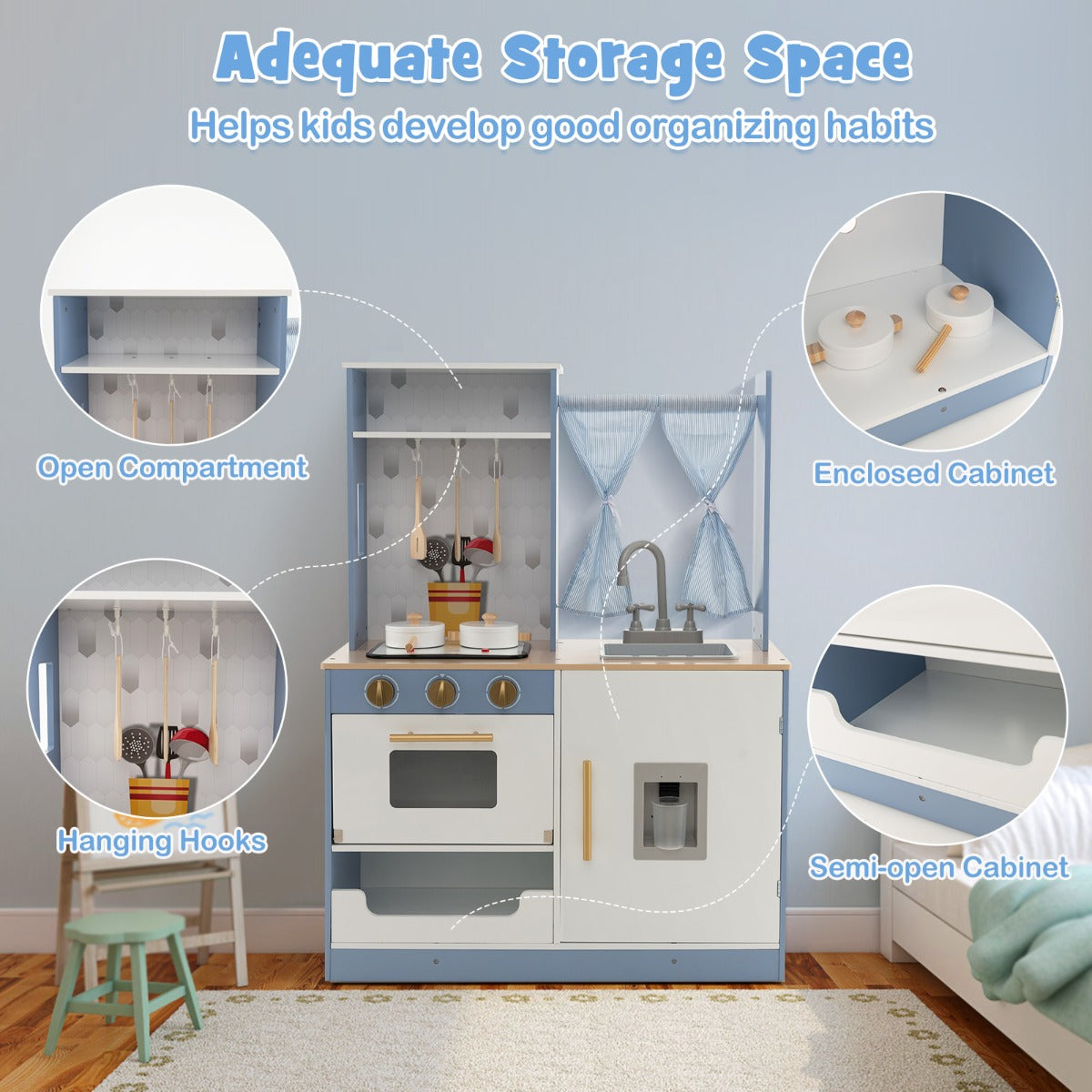 LIVSK Speelkeuken voor Kinderen - Realistische Gootsteen en Fornuis - Licht- en Geluidseffecten - Veilig en Duurzaam - Blauw + Wit