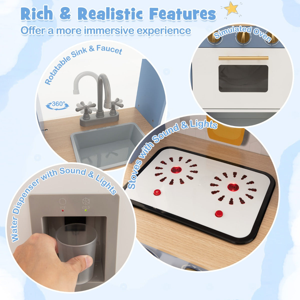 LIVSK Speelkeuken voor Kinderen - Realistische Gootsteen en Fornuis - Licht- en Geluidseffecten - Veilig en Duurzaam - Blauw + Wit