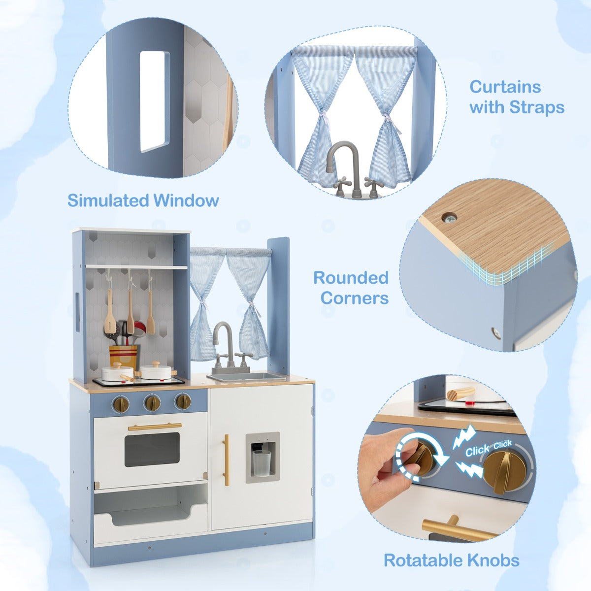 LIVSK Speelkeuken voor Kinderen - Realistische Gootsteen en Fornuis - Licht- en Geluidseffecten - Veilig en Duurzaam - Blauw + Wit