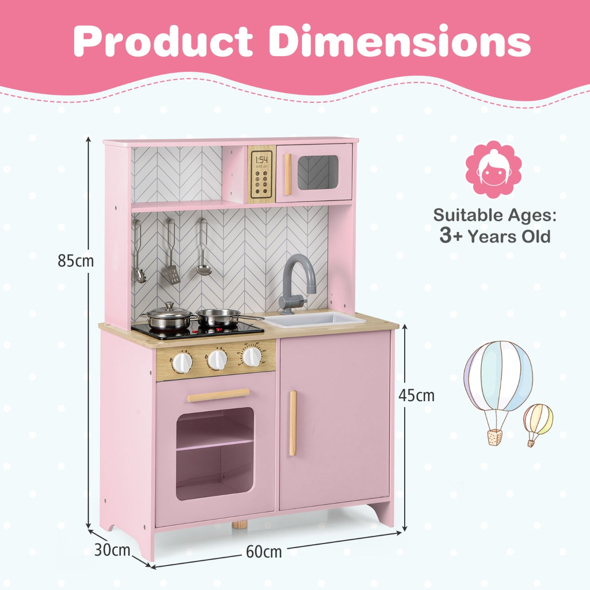Livsk costway houten speelkeuken voor kinderen licht geluid magnetron fornuizen gootsteen oven en keukenaccessoires speelgoedkeukenset roze 1 1