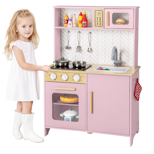 Livsk costway houten speelkeuken voor kinderen licht geluid magnetron fornuizen gootsteen oven en keukenaccessoires speelgoedkeukenset roze