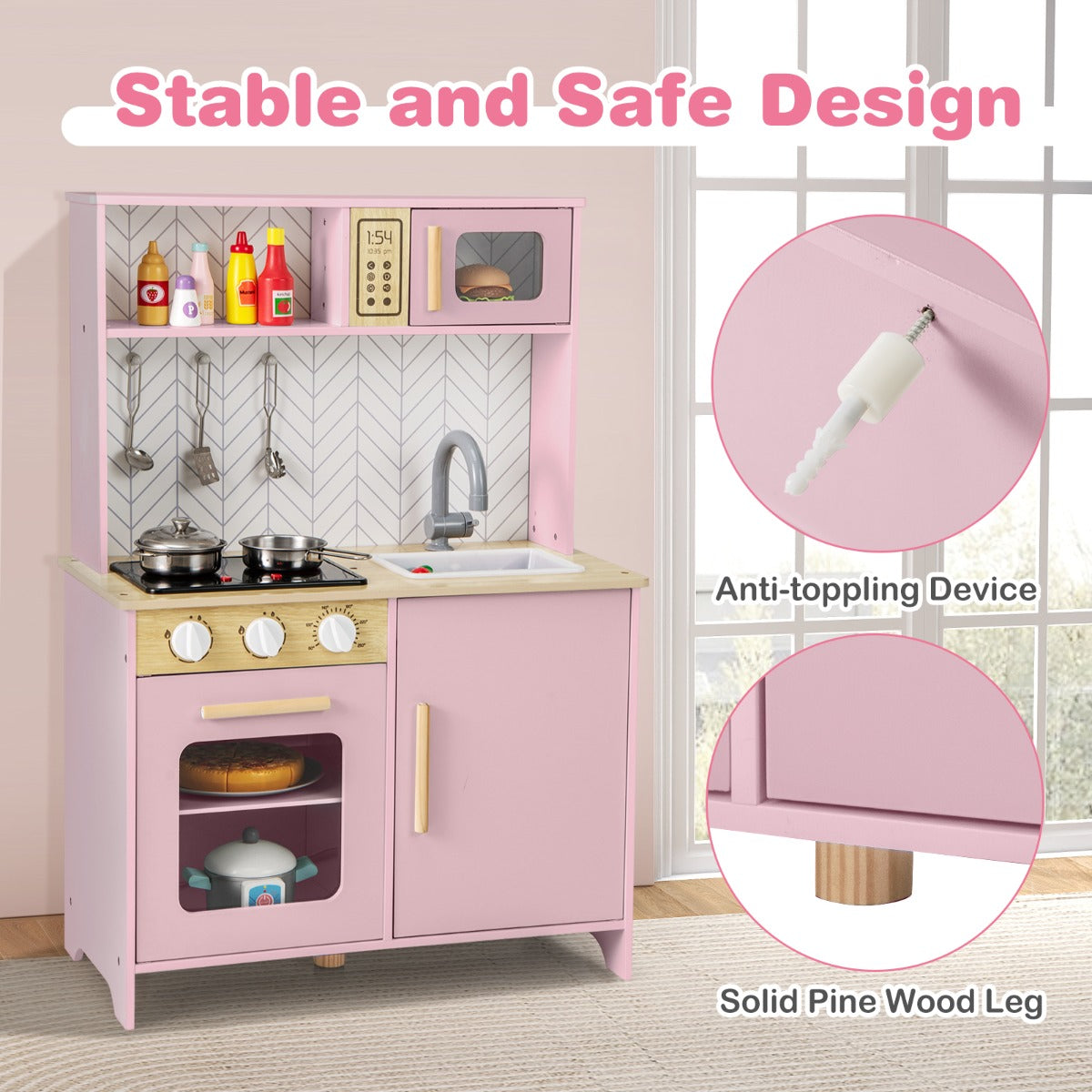 Livsk costway houten speelkeuken voor kinderen licht geluid magnetron fornuizen gootsteen oven en keukenaccessoires speelgoedkeukenset roze 6