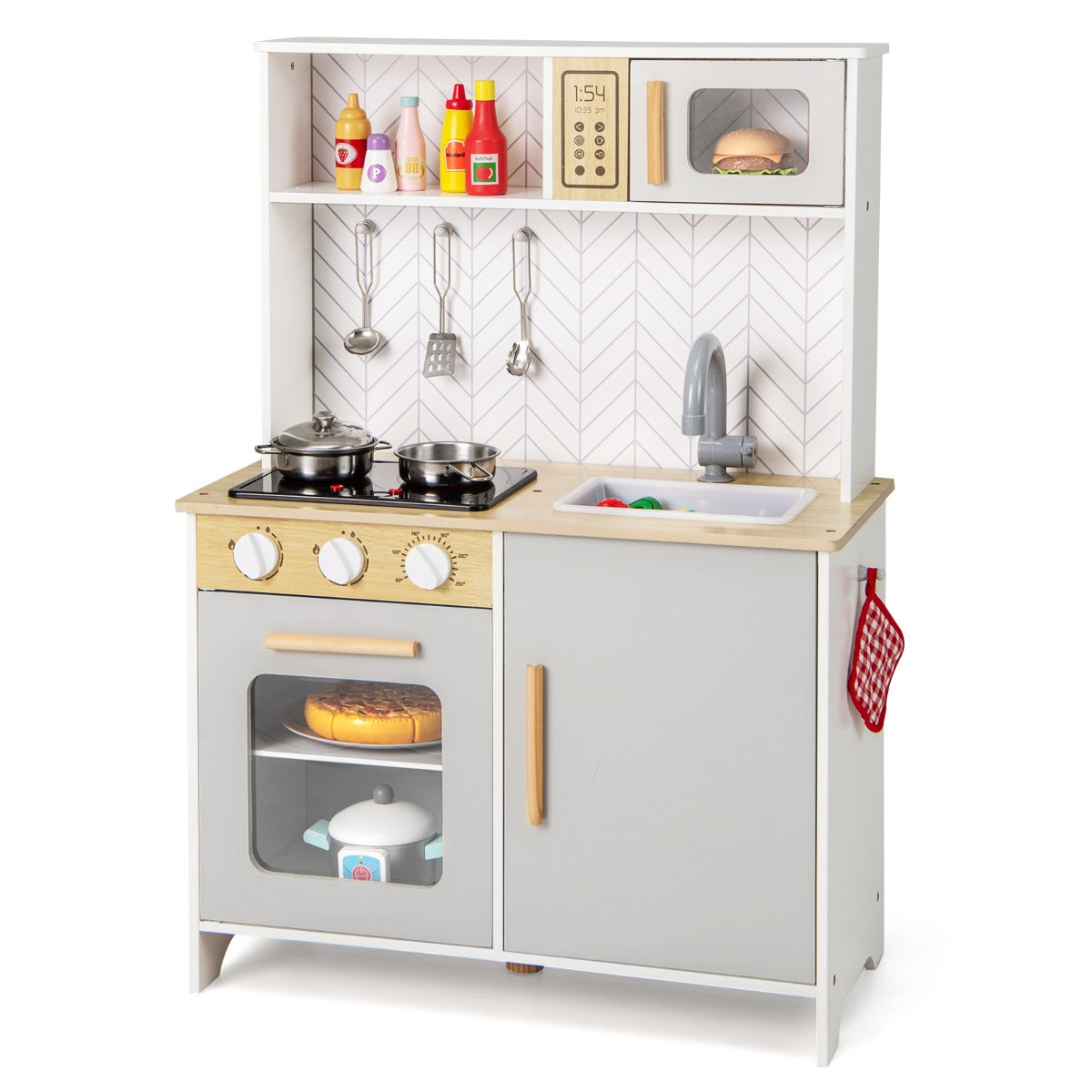 Livsk costway houten speelkeuken voor kinderen licht geluid magnetron fornuizen gootsteen oven en keukenaccessoires speelgoedkeukenset wit 1 1