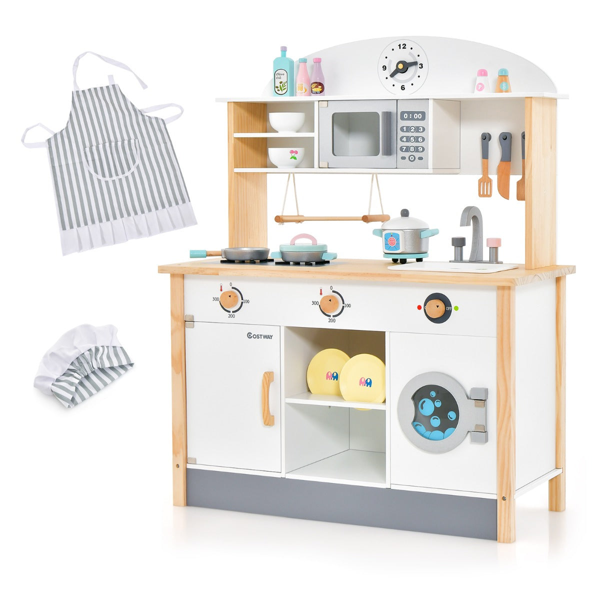 LIVSK Speelkeuken voor Kinderen - 2 Fornuizen, Magnetron, 17 Accessoires - Duurzaam Hout - Educatief Spel - Wit + Natuur