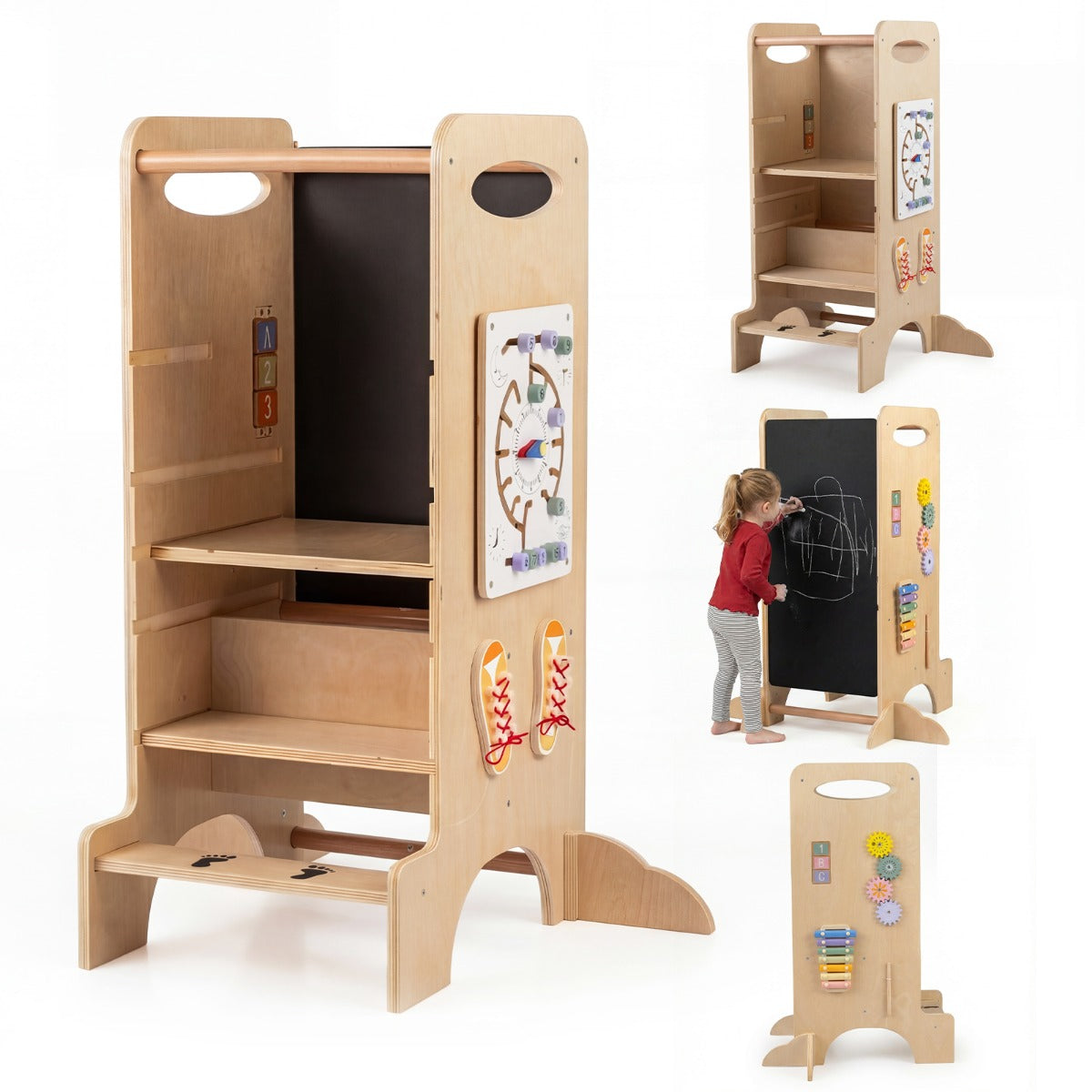 Livsk costway houten sta toren voor peuters multifunctioneel keukenkrukje voor kinderen met 3 hoogte instellingen