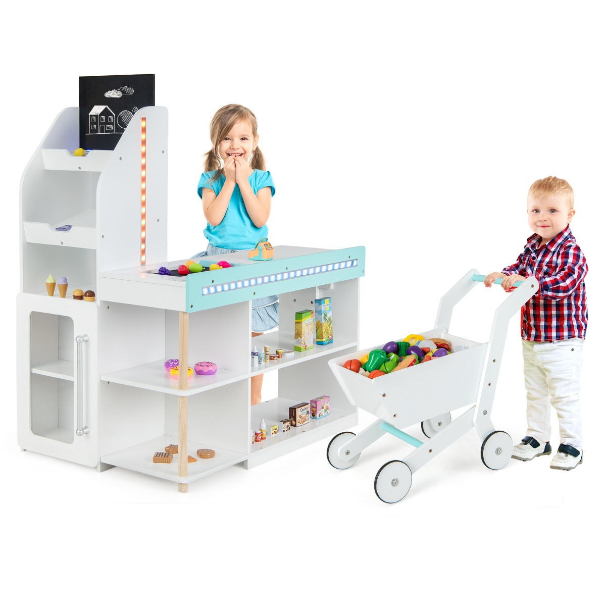 LIVSK Houten Supermarktset voor Kinderen - LED-verlichting - Inclusief Kassa en 39 Voedingsaccessoires - Wit