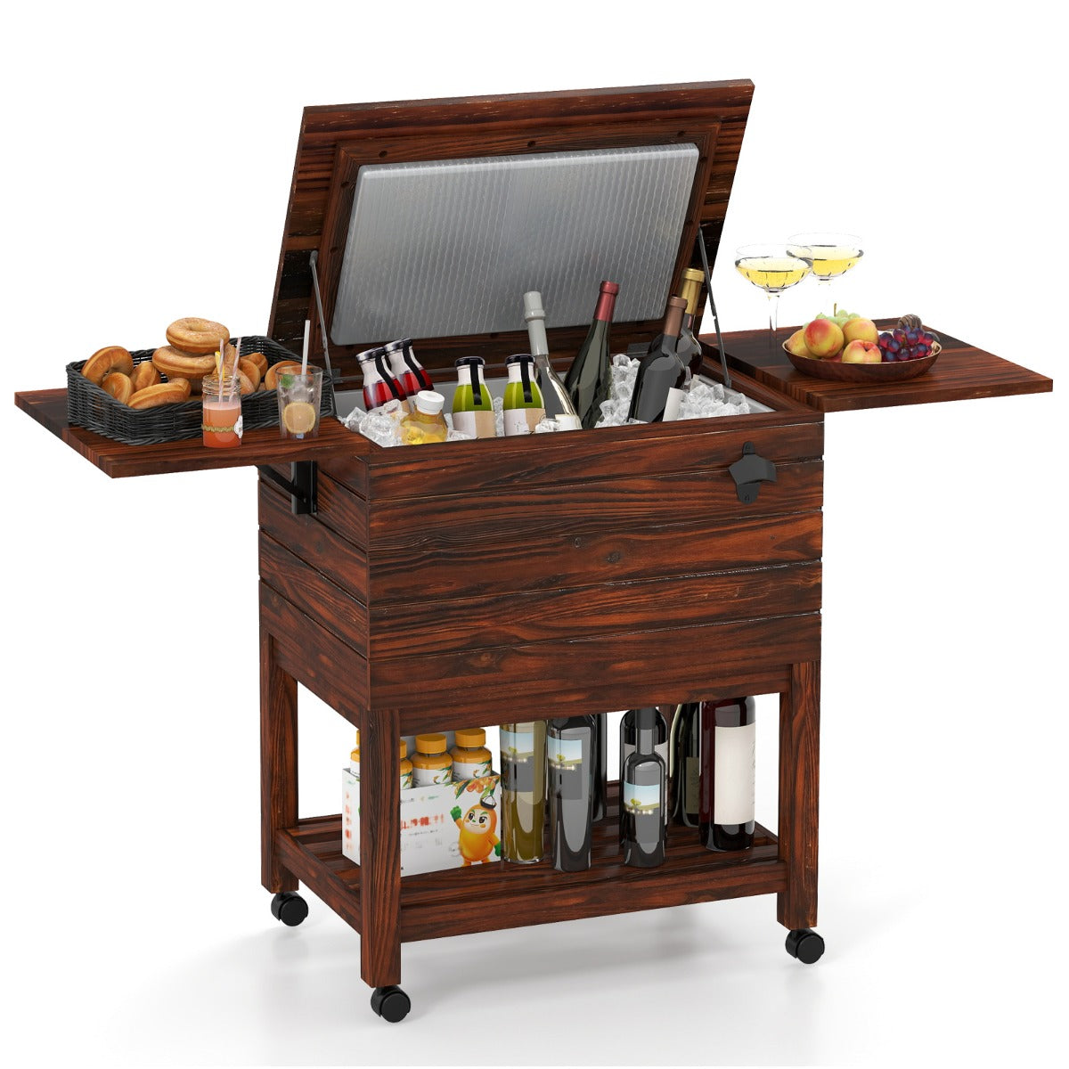 LIVSK Outdoor Koelbox - Verrijdbaar 51 L met Uitklapbare Planken - Duurzaam Hout - Houdt Drankjes Koud - Rustiek Bruin
