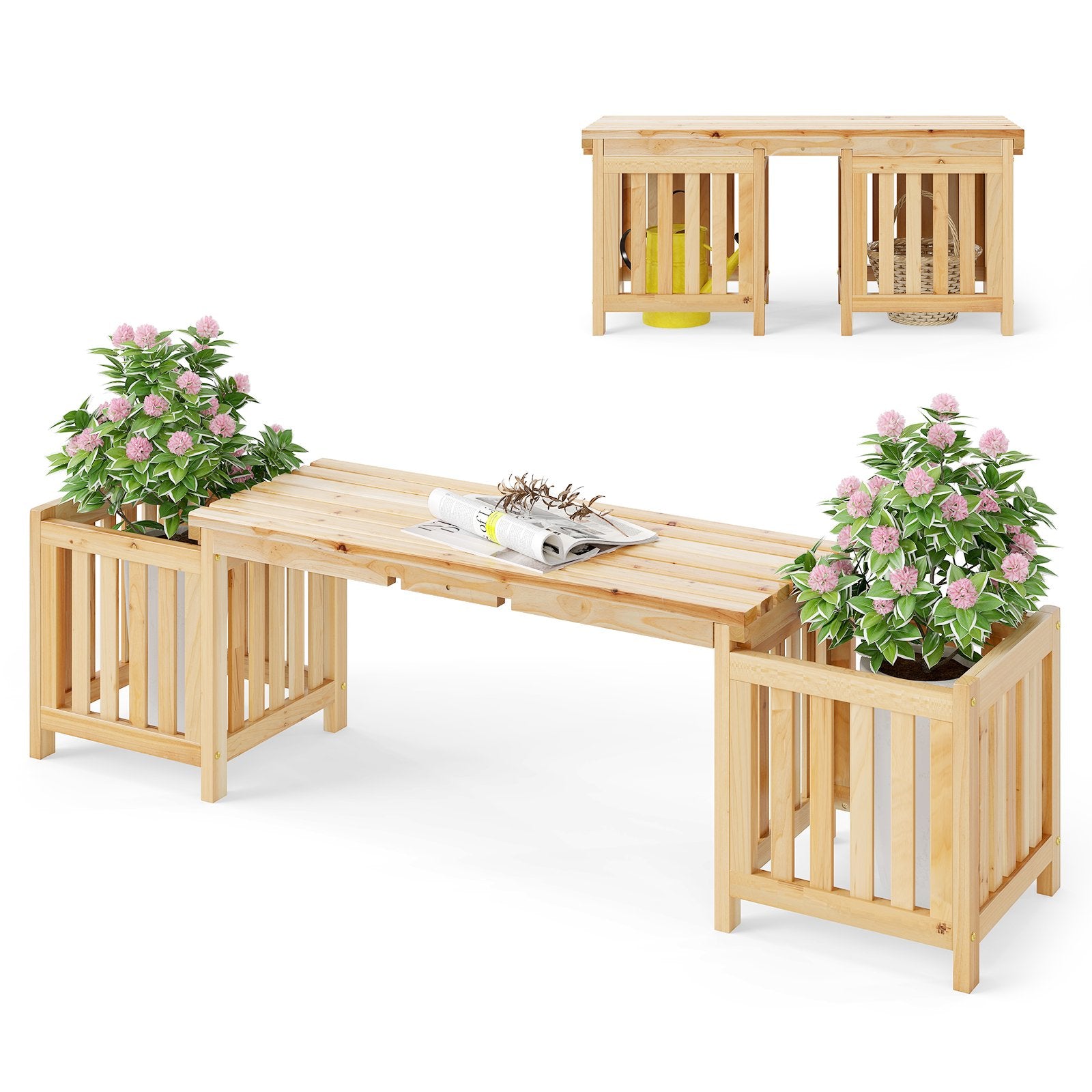 LIVSK 2-in-1 Houten Bank met Bloembakken - Comfortabel voor 2 Personen - Duurzaam Vurenhout - Tot 300 kg - Natuur