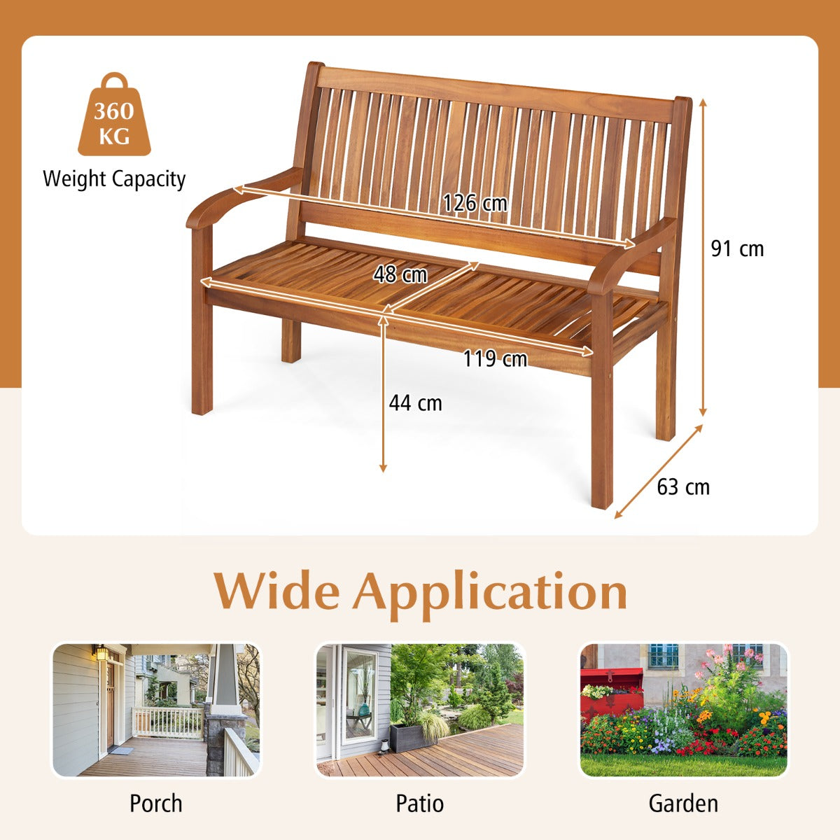 LIVSK Houten Tuinbank - Massief Acaciahout - Ruimte voor 2-3 Personen - Ergonomisch Ontwerp - Tot 320 kg - Teak