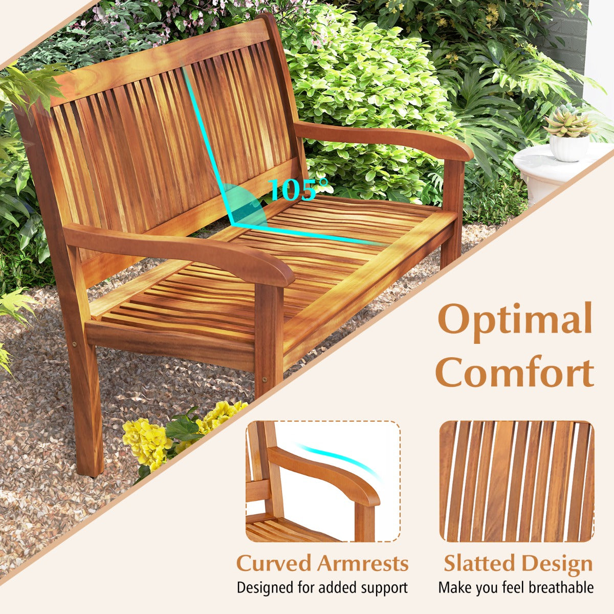 LIVSK Houten Tuinbank - Massief Acaciahout - Ruimte voor 2-3 Personen - Ergonomisch Ontwerp - Tot 320 kg - Teak