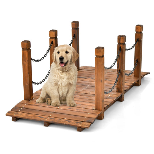 LIVSK Houten Tuinbrug - Decoratief Vurenhout - Weerbestendig - Veiligheidskettingen - Draagvermogen tot 80 kg - Bruin