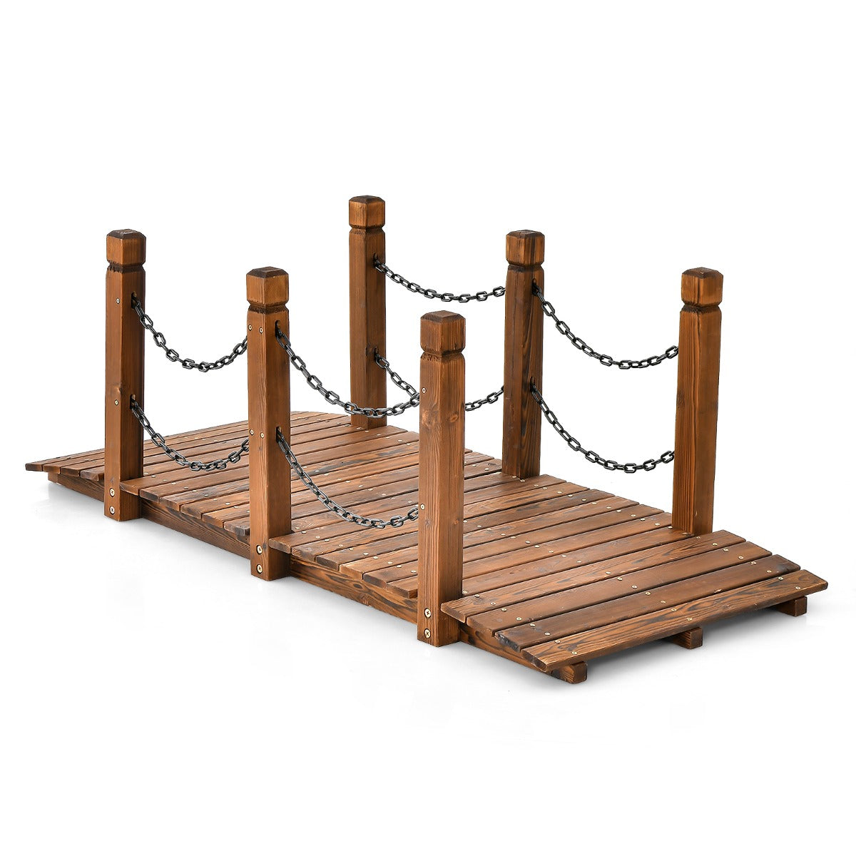 LIVSK Houten Tuinbrug - Decoratief Vurenhout - Weerbestendig - Veiligheidskettingen - Draagvermogen tot 80 kg - Bruin