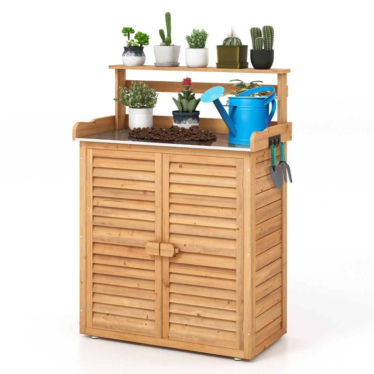 LIVSK Plantenbank met Opbergruimte - Massief Dennenhout - Gegalvaniseerd Werkblad - Ergonomisch - 87 x 45 x 120 cm - Natuur
