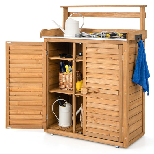 LIVSK Plantenbank met Opbergruimte - Massief Dennenhout - Gegalvaniseerd Werkblad - Ergonomisch - 87 x 45 x 120 cm - Natuur
