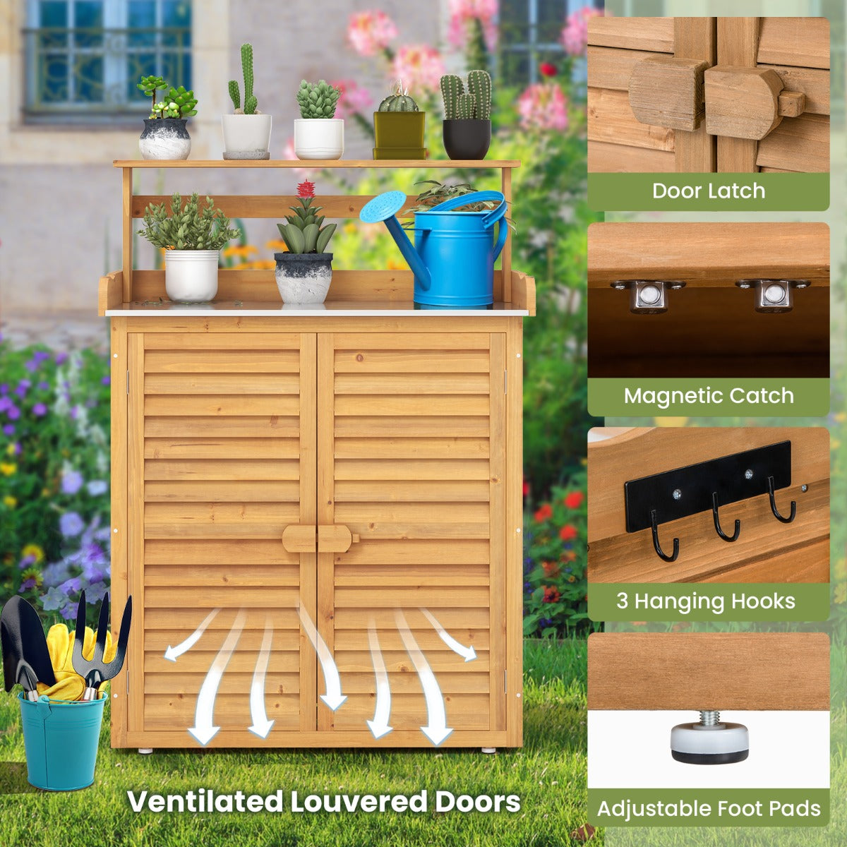 LIVSK Plantenbank met Opbergruimte - Massief Dennenhout - Gegalvaniseerd Werkblad - Ergonomisch - 87 x 45 x 120 cm - Natuur