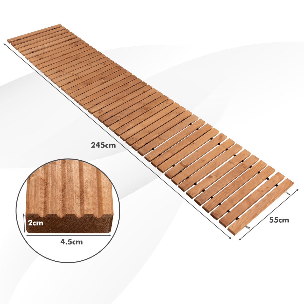 LIVSK Weerbestendige Houten Loopbrug - Antislip - Duurzaam Dennenhout - Gemakkelijk Op te Rollen - 245 x 55 x 2 cm - Lichtbruin