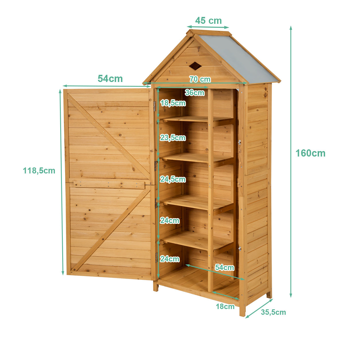 LIVSK Weerbestendige Tuinschuur - Massief Sparrenhout - 5 Planken - 70 x 35,5 x 160 cm - Veilig met Metalen Sloten - Natuurlijk