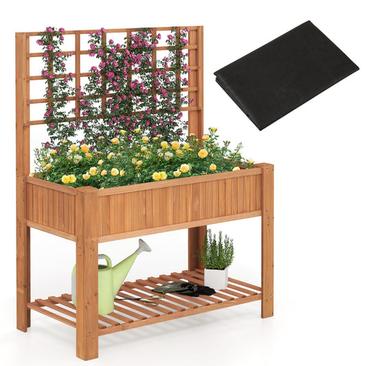 LIVSK Houten Verhoogd Plantenbed met Klimrek - 4 Drainagegaten - Opbergruimte - Tot 90 kg - 80 cm Hoog - Bruin