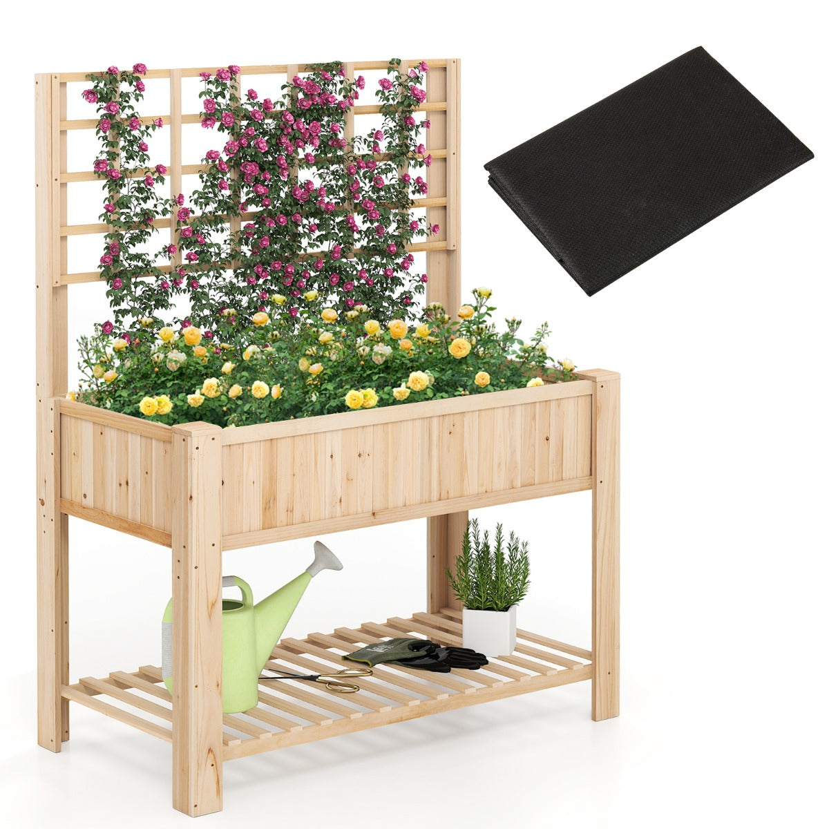 LIVSK Verhoogd Tuinbed met Klimrek en Opbergruimte - 100% Vurenhout - Drainagesysteem - Ergonomisch Ontwerp - 80 cm - Natuurlijk