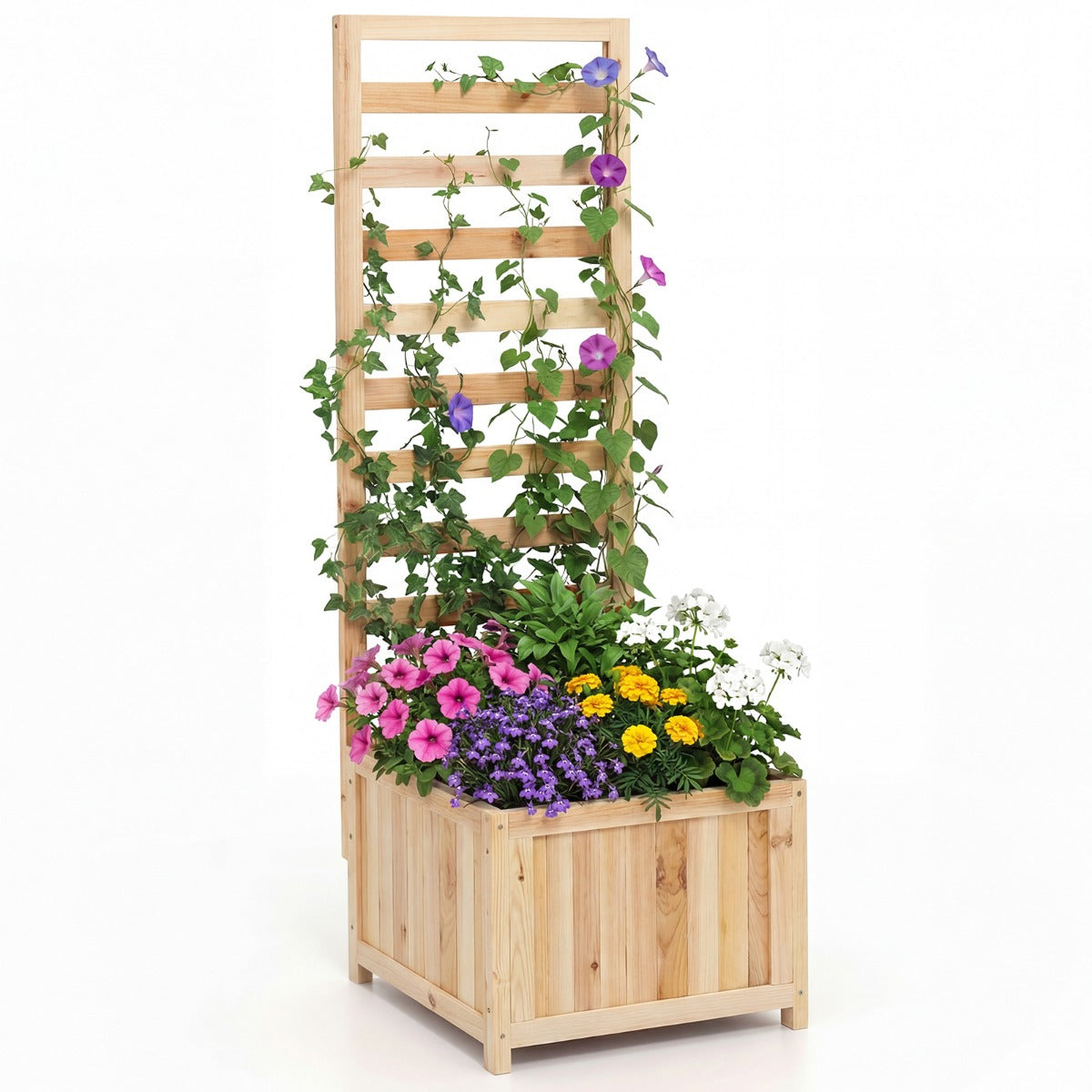 Livsk costway houten verhoogde plantenbak met klimrek 123 cm hoge verhoogde plantenbak met afwateringsgaten en openingen voor klimplanten naturel
