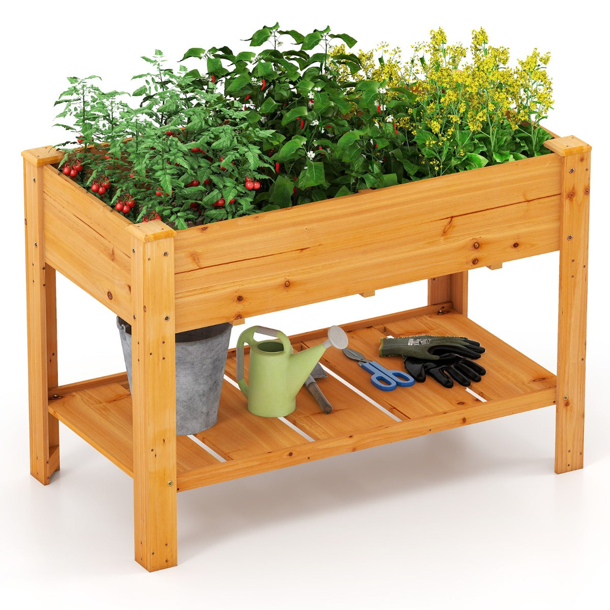 LIVSK Verhoogde Houten Tuinbak met Drainage - 120 x 60 x 81 cm - Ergonomisch - Opbergplank - Sparrenhout - Koffie