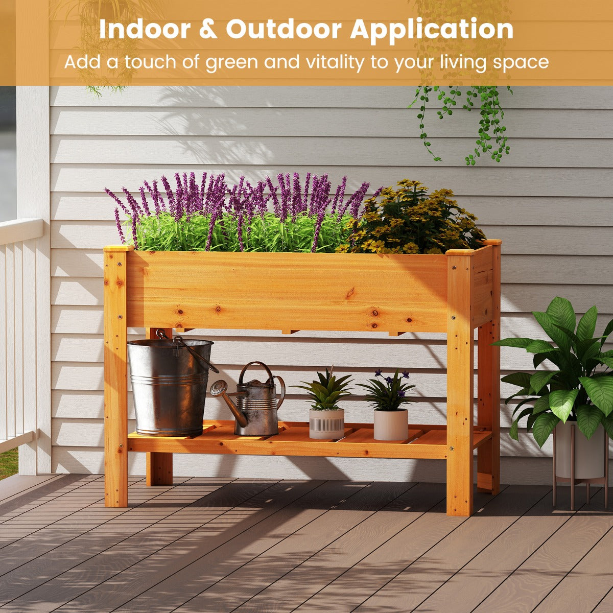 LIVSK Verhoogde Houten Tuinbak met Drainage - 120 x 60 x 81 cm - Ergonomisch - Opbergplank - Sparrenhout - Koffie