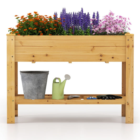 LIVSK Verhoogde Houten Tuinbak met Drainage - 120 x 60 x 81 cm - Ergonomisch - Opbergplank - Voor Planten - Koffie / Natural