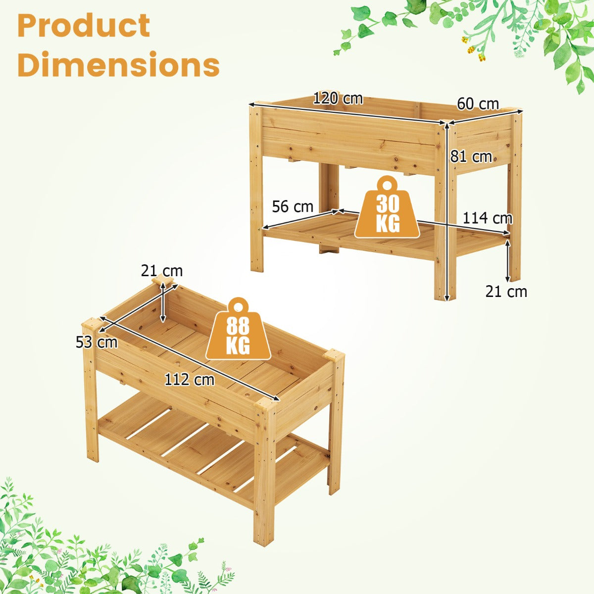 LIVSK Verhoogde Houten Tuinbak met Drainage - 120 x 60 x 81 cm - Ergonomisch - Opbergplank - Voor Planten - Koffie / Natural