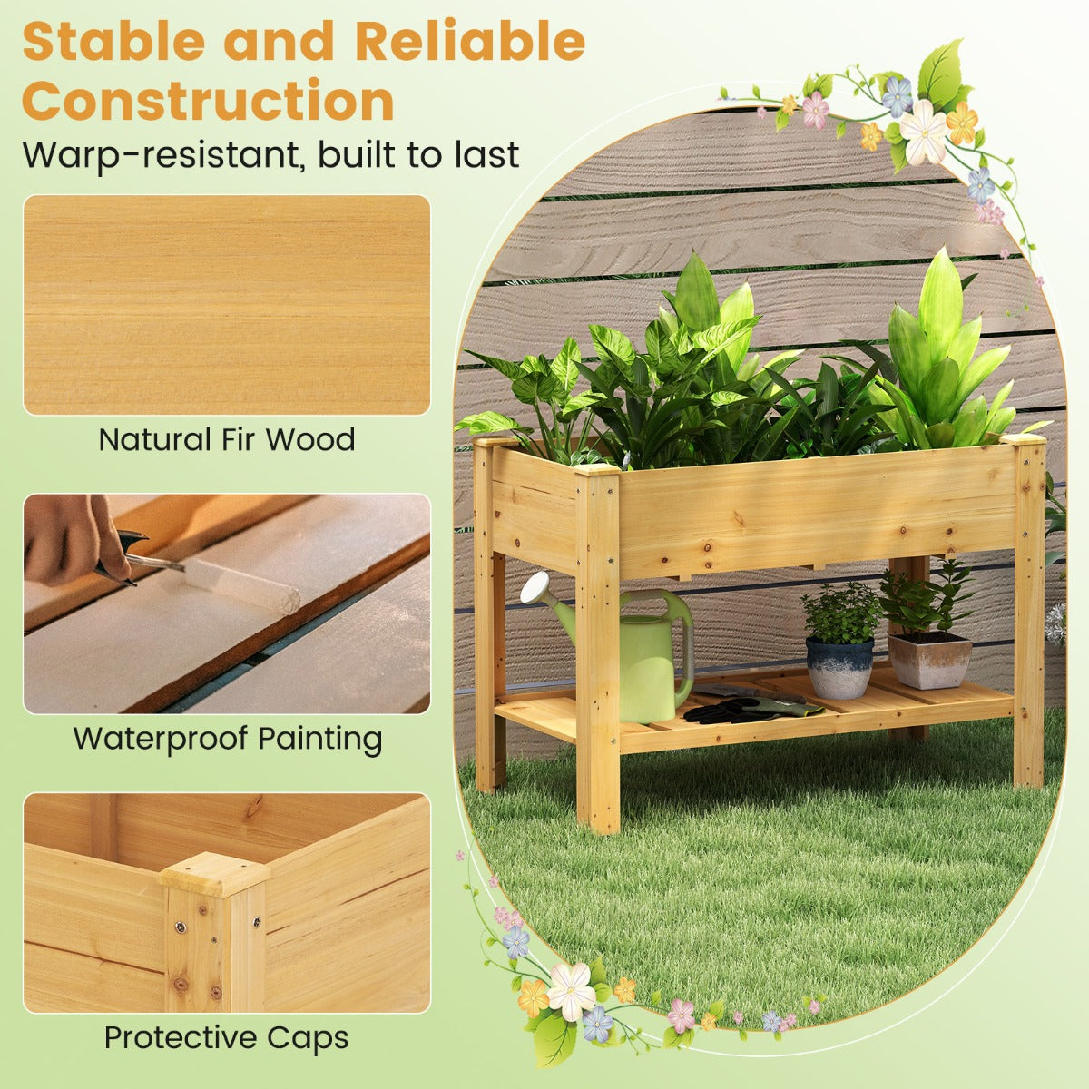 LIVSK Verhoogde Houten Tuinbak met Drainage - 120 x 60 x 81 cm - Ergonomisch - Opbergplank - Voor Planten - Koffie / Natural