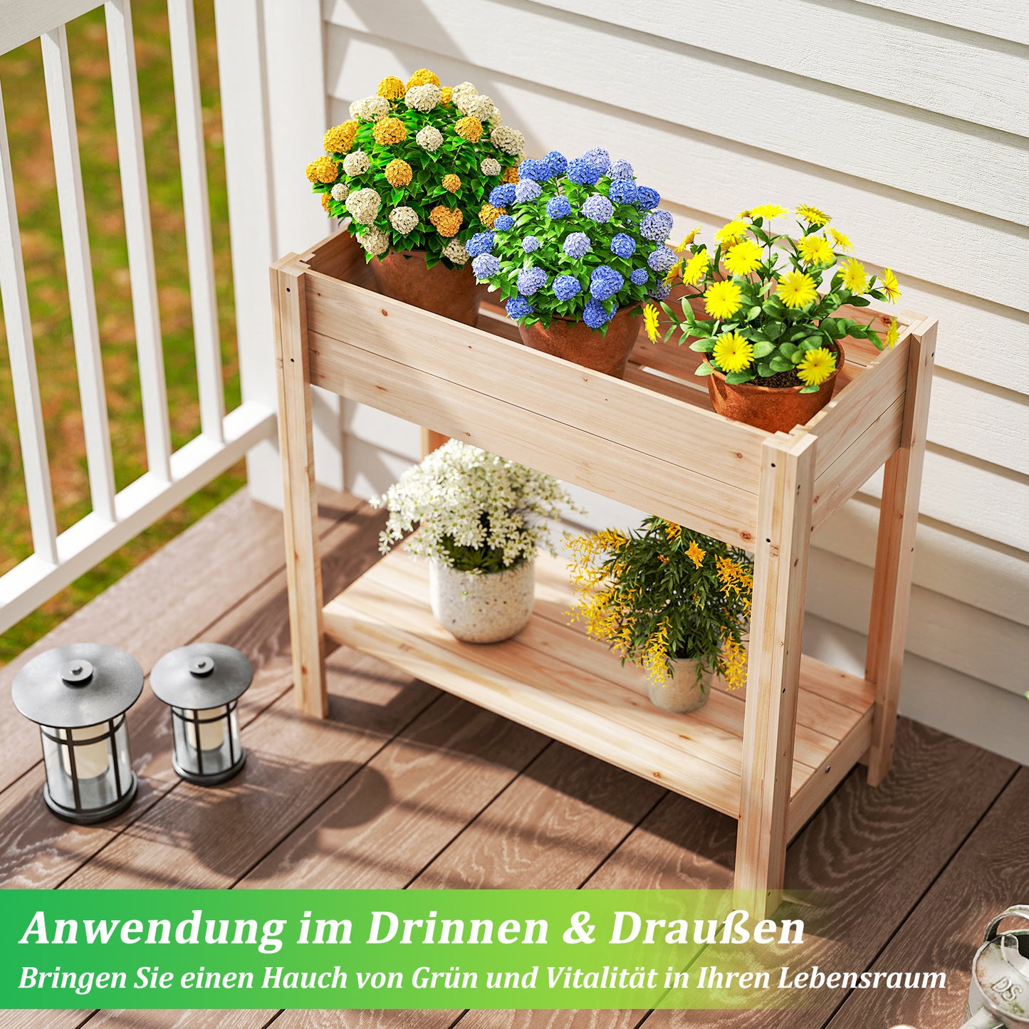 LIVSK Verhoogd Houten Tuinbed met Opbergruimte - Ergonomisch Ontwerp - Drainagevakken - Voor Bloemen en Groenten - 81 x 38 x 77