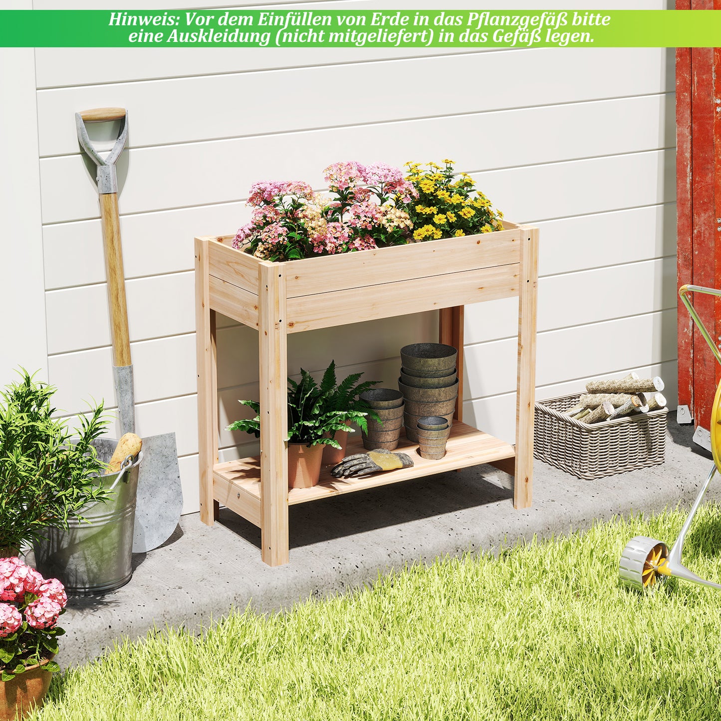 LIVSK Verhoogd Houten Tuinbed met Opbergruimte - Ergonomisch Ontwerp - Drainagevakken - Voor Bloemen en Groenten - 81 x 38 x 77