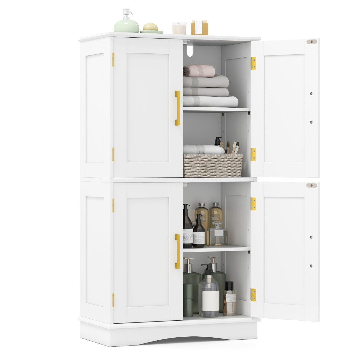 LIVSK Voorraadkast met 4 Deuren - Verstelbare Planken - Gouden Handgrepen - 60 x 30 x 110 cm - Wit