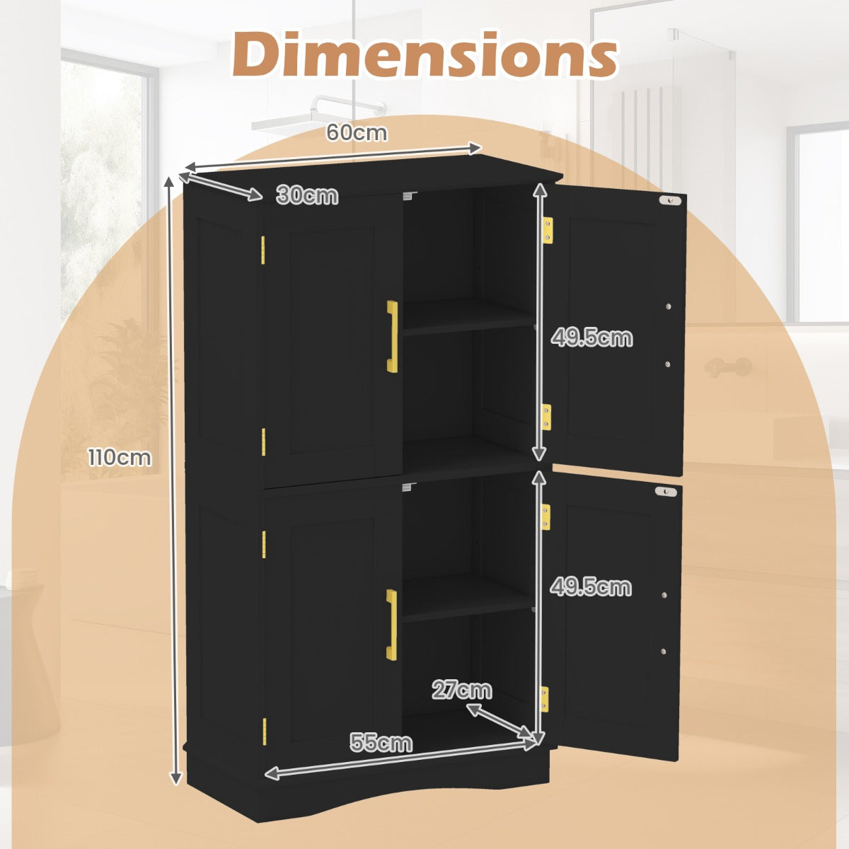 LIVSK Voorraadkast met 4 Deuren - 2 Verstelbare Planken - Gouden Handgrepen - 60 x 30 x 110 cm - Zwart