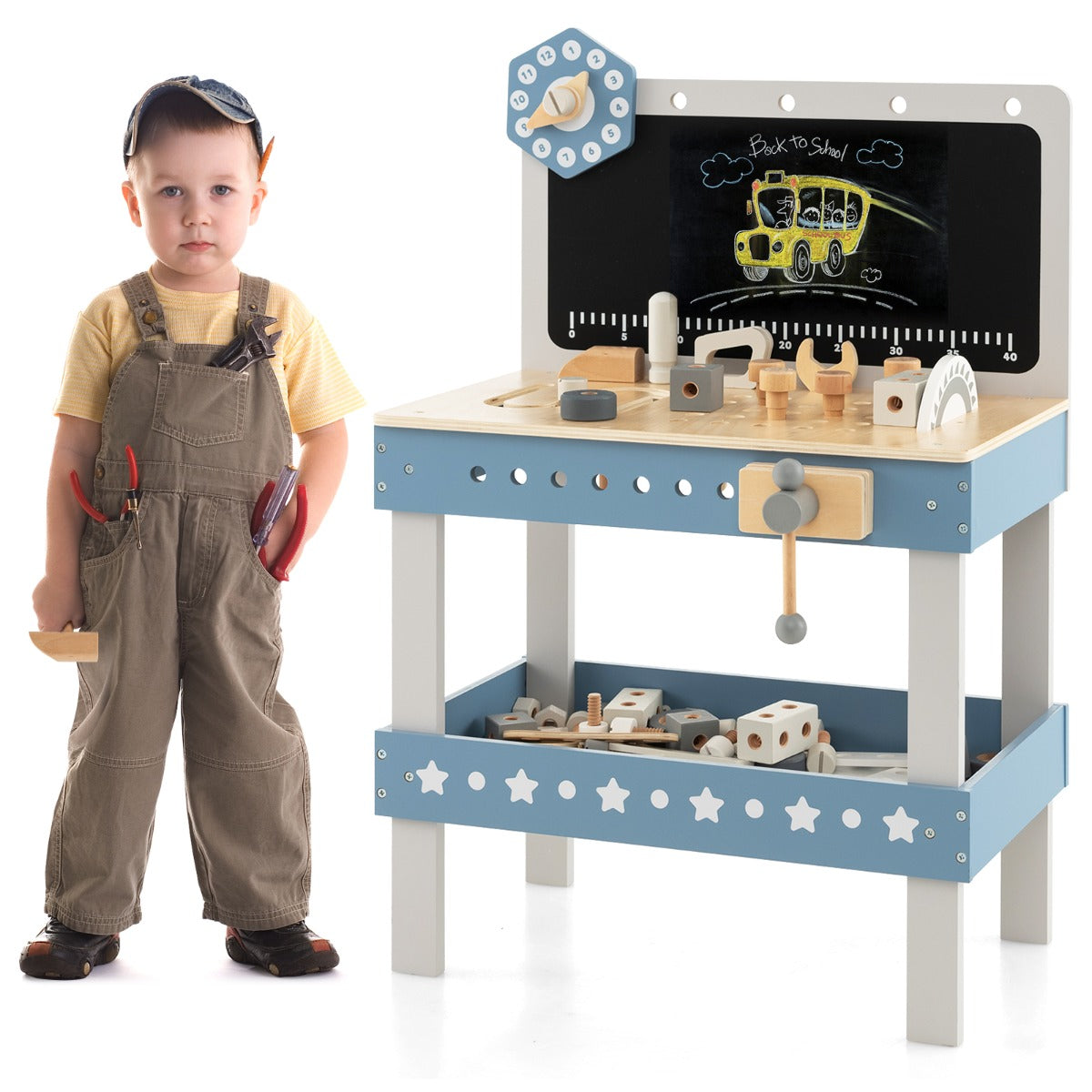 LIVSK Houten Kinderwerkbank - 61-delige Gereedschapsset - Creatief Spelen - Veilig Ontwerp - 50 x 29 x 73 cm - Blauw