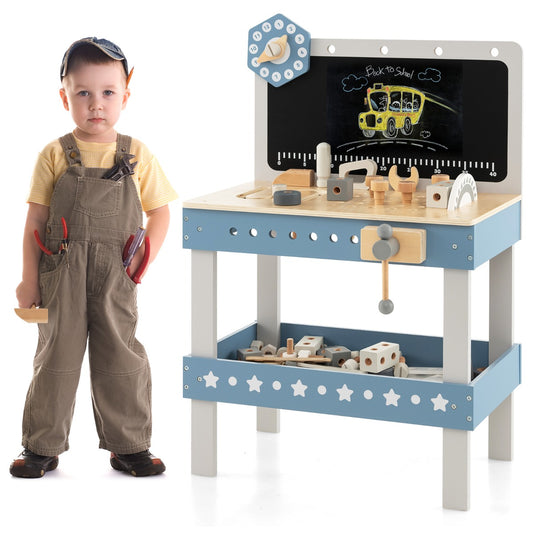 LIVSK Houten Kinderwerkbank - 61-delige Gereedschapsset - Creatief Spelen - Veilig Ontwerp - 50 x 29 x 73 cm - Blauw