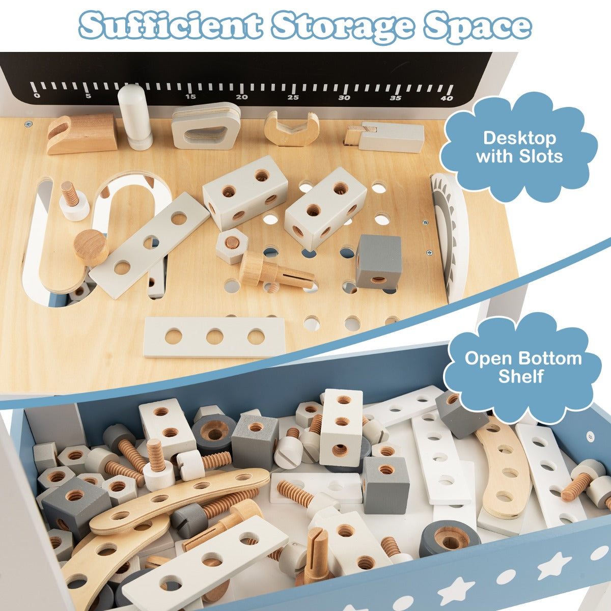 LIVSK Houten Kinderwerkbank - 61-delige Gereedschapsset - Creatief Spelen - Veilig Ontwerp - 50 x 29 x 73 cm - Blauw