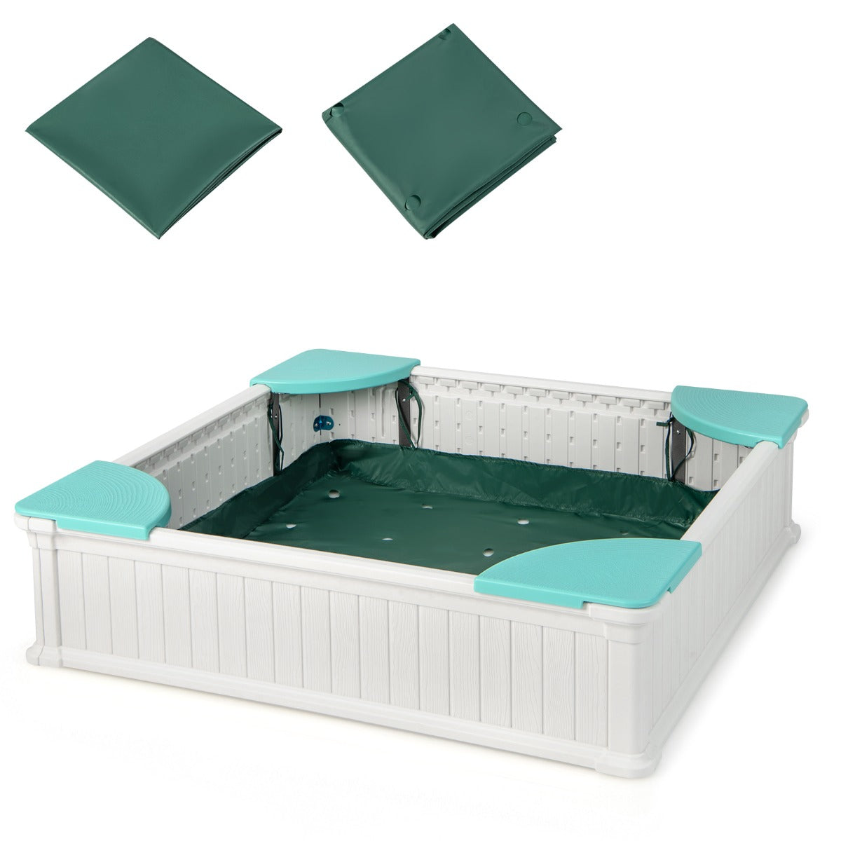LIVSK Houten Zandbak voor Kinderen - Ruim 123,5 x 123,5 x 31,5 cm - Veilig HDPE - Inclusief Afdekking - Wit