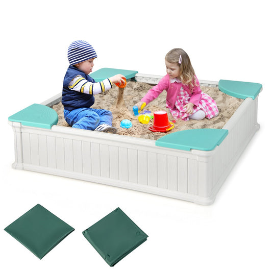 LIVSK Houten Zandbak voor Kinderen - Ruim 123,5 x 123,5 x 31,5 cm - Veilig HDPE - Inclusief Afdekking - Wit