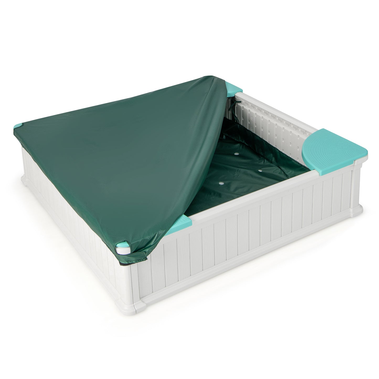LIVSK Houten Zandbak voor Kinderen - Ruim 123,5 x 123,5 x 31,5 cm - Veilig HDPE - Inclusief Afdekking - Wit