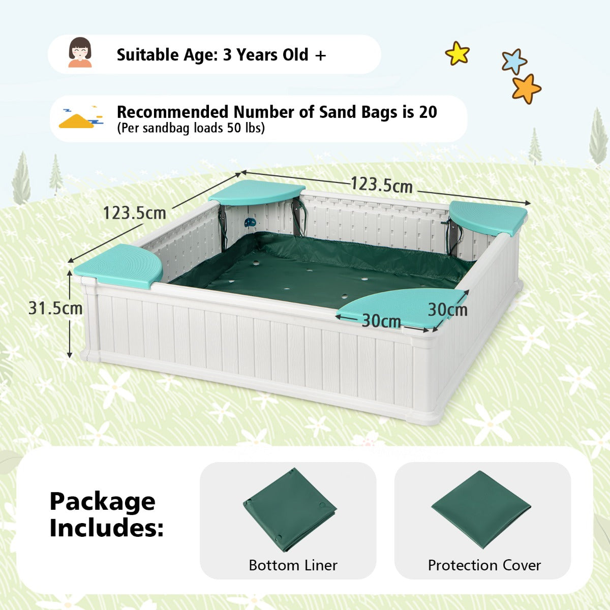 LIVSK Houten Zandbak voor Kinderen - Ruim 123,5 x 123,5 x 31,5 cm - Veilig HDPE - Inclusief Afdekking - Wit