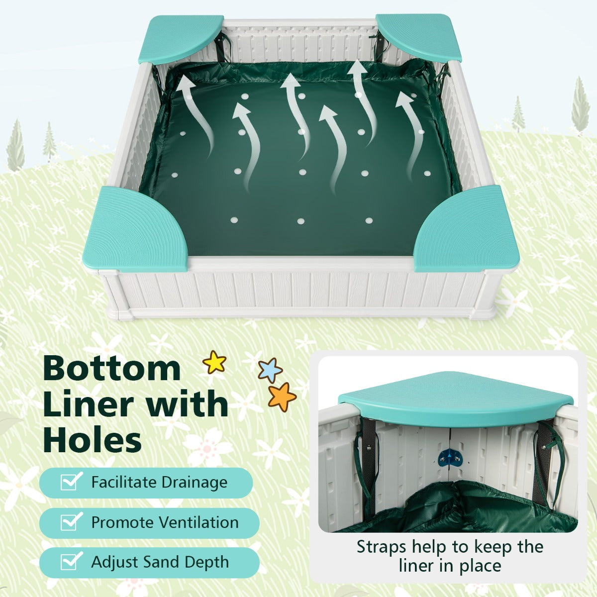 LIVSK Houten Zandbak voor Kinderen - Ruim 123,5 x 123,5 x 31,5 cm - Veilig HDPE - Inclusief Afdekking - Wit