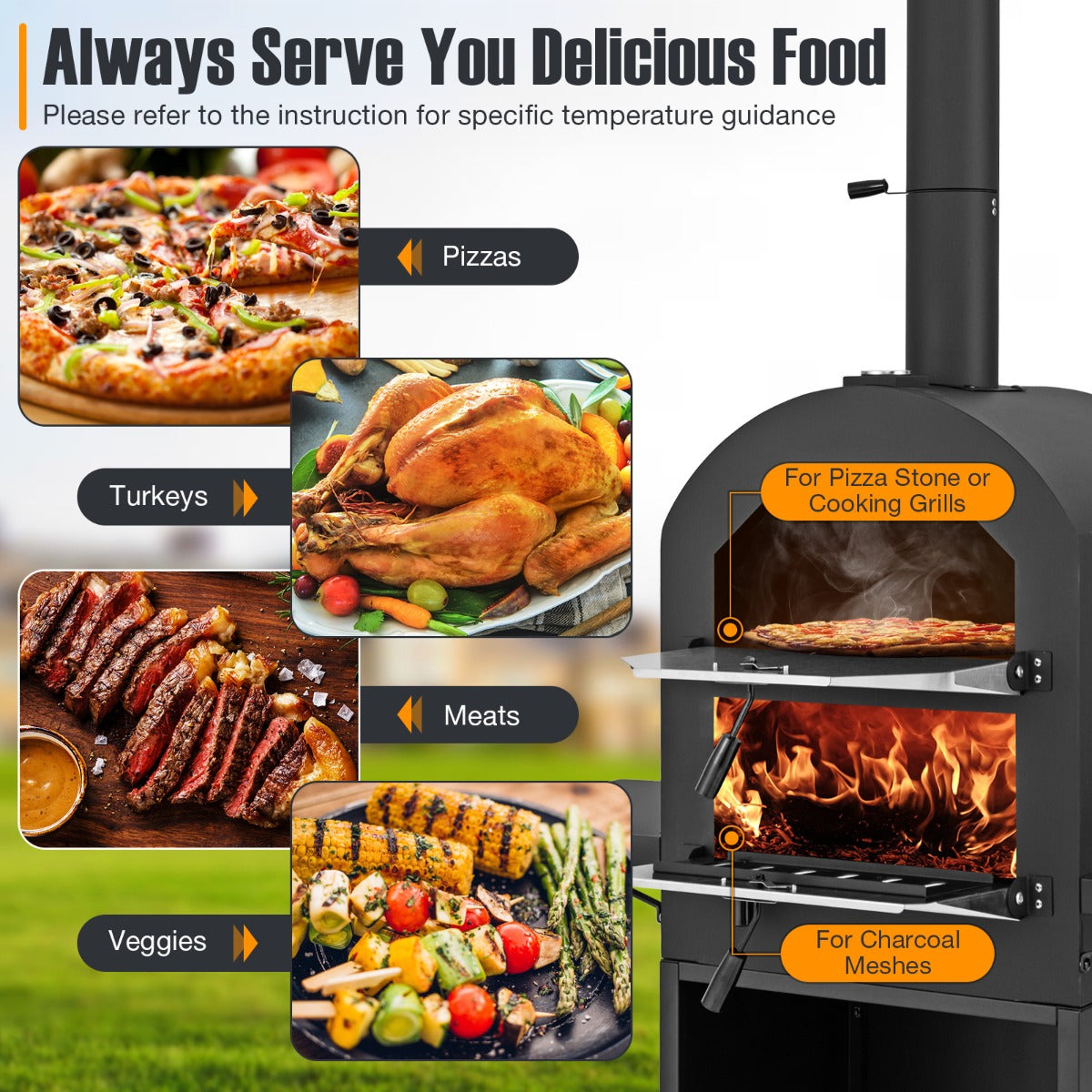 LIVSK Houtgestookte Pizzaoven - Ingebouwde Thermometer - 4 Wielen - Pizzasteen en Schep - Voor Buiten - 116 x 44 x 170 cm - Zwart