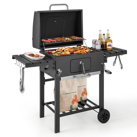 LIVSK Metalen Houtskoolbarbecue - Extra Groot Kookoppervlak - Verstelbare Schoorsteen en Lade - 2 Wielen - Zwart